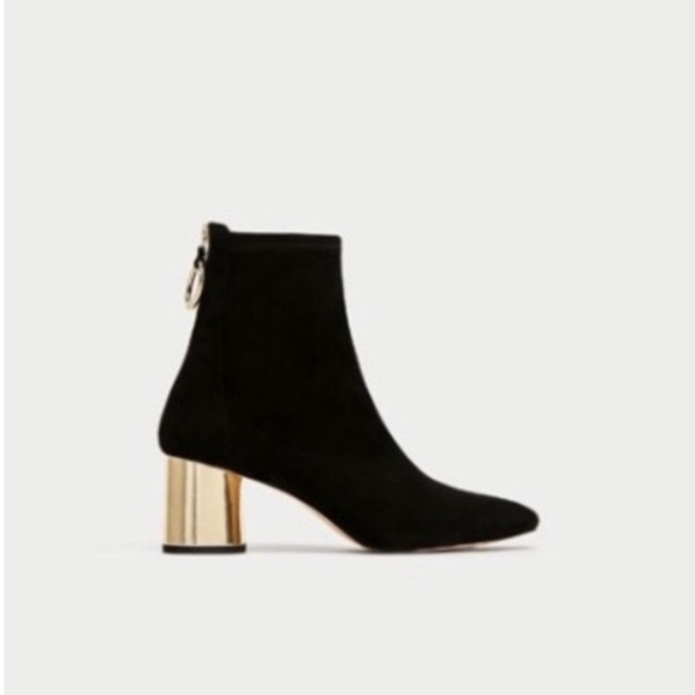 Zara faux suede sock bootie with gold heel